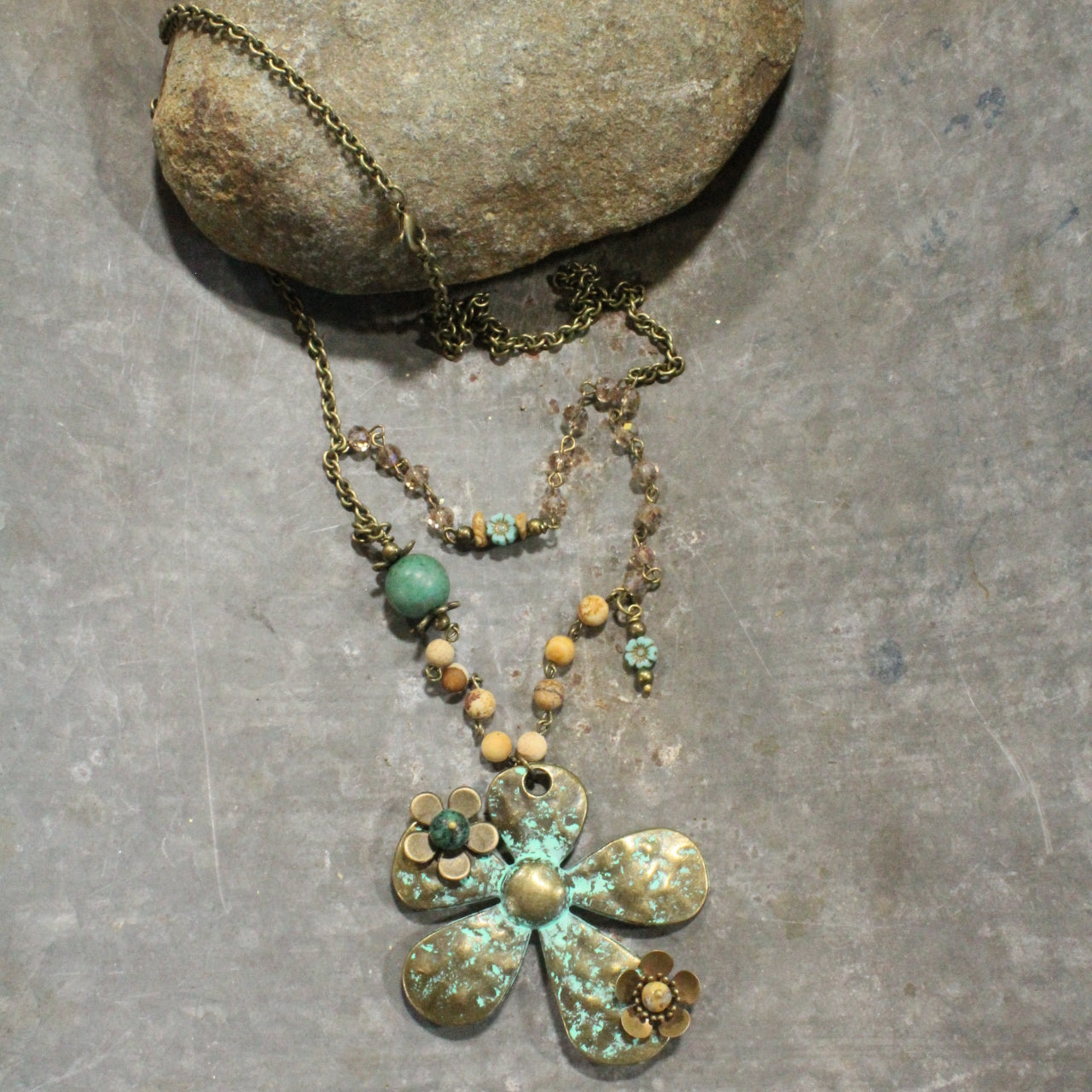 Patina 3D Flower  & Czech Layered Necklace