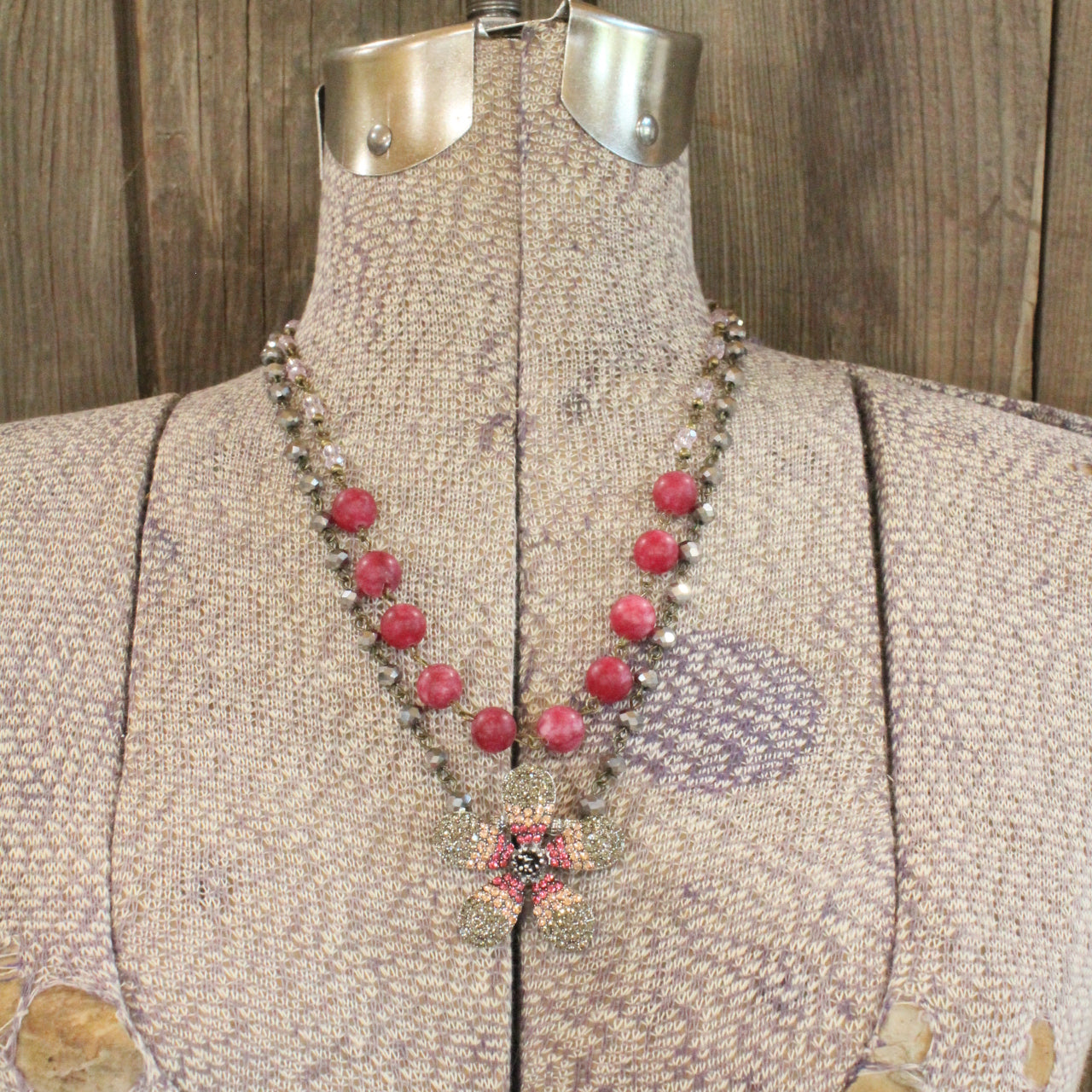Raspberry Blooming Flower Layered Pendant Necklace
