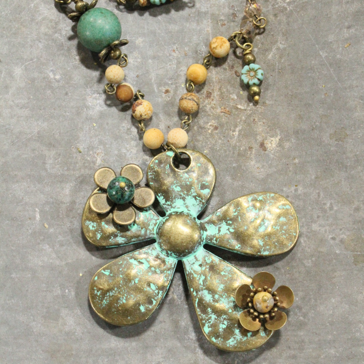 Patina 3D Flower  & Czech Layered Necklace