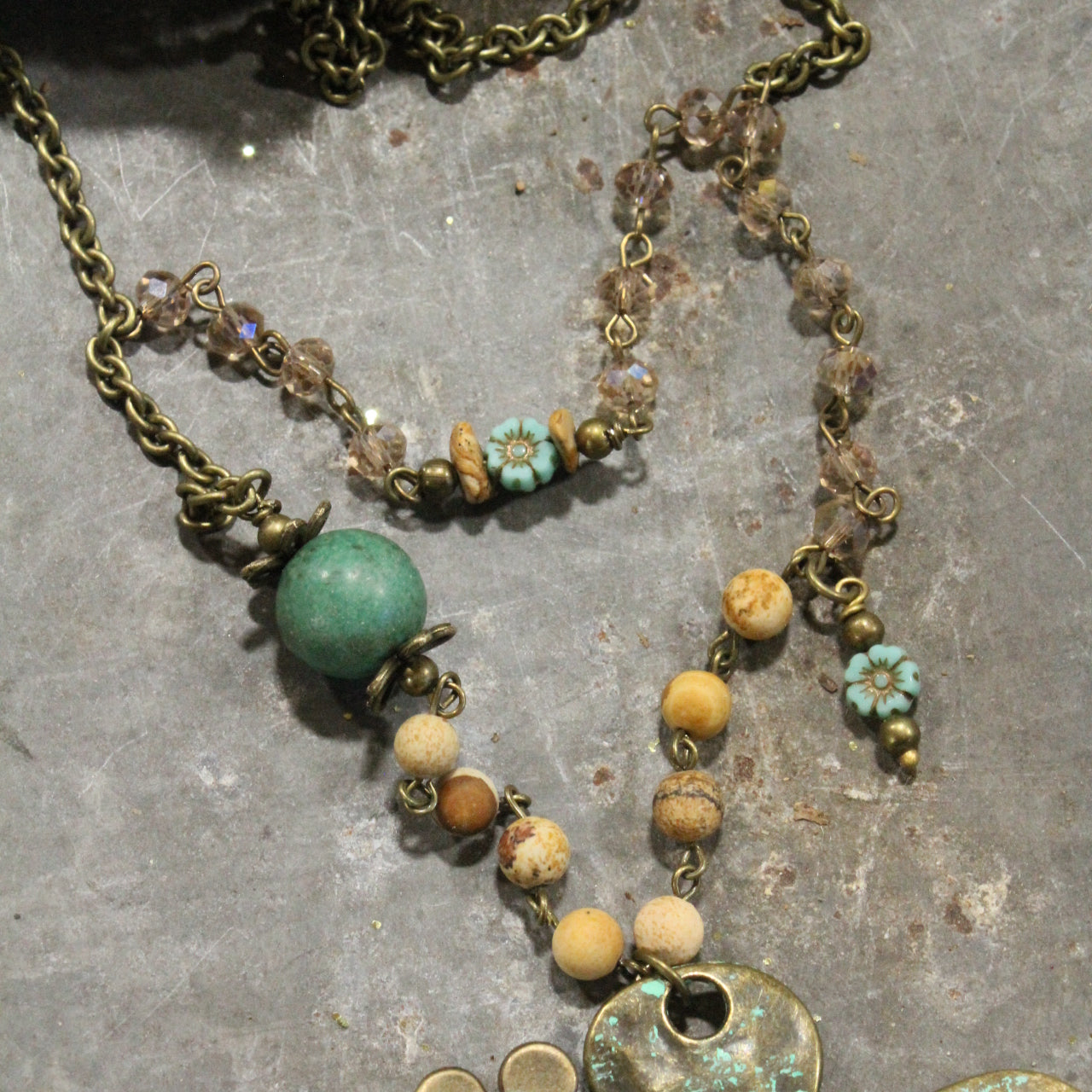 Patina 3D Flower  & Czech Layered Necklace