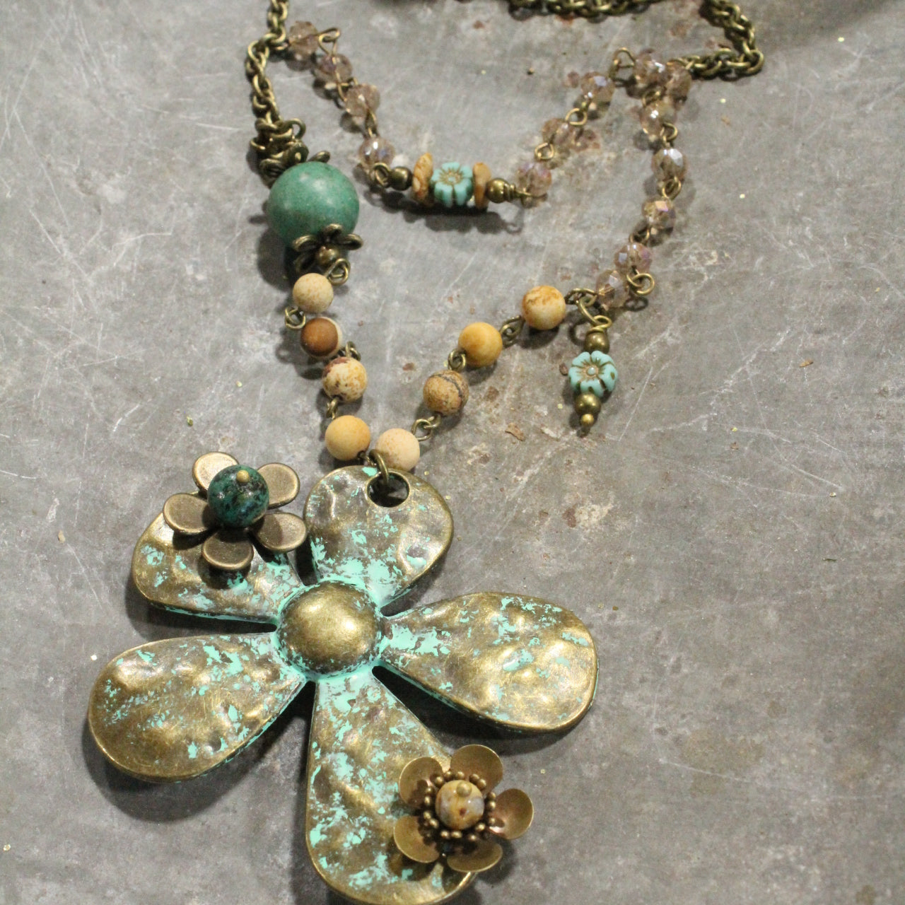 Patina 3D Flower  & Czech Layered Necklace