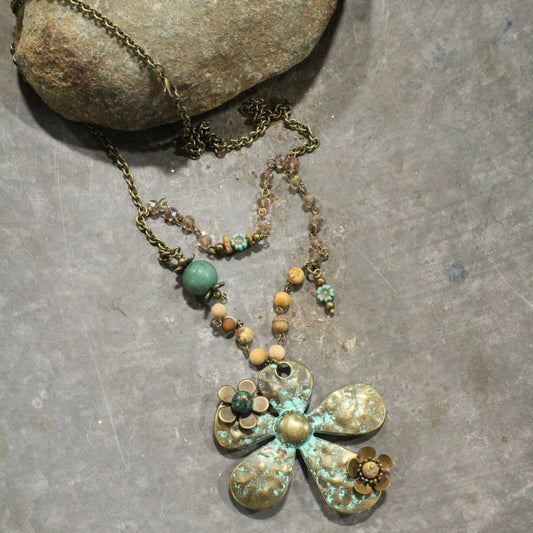 Patina 3D Flower  & Czech Layered Necklace