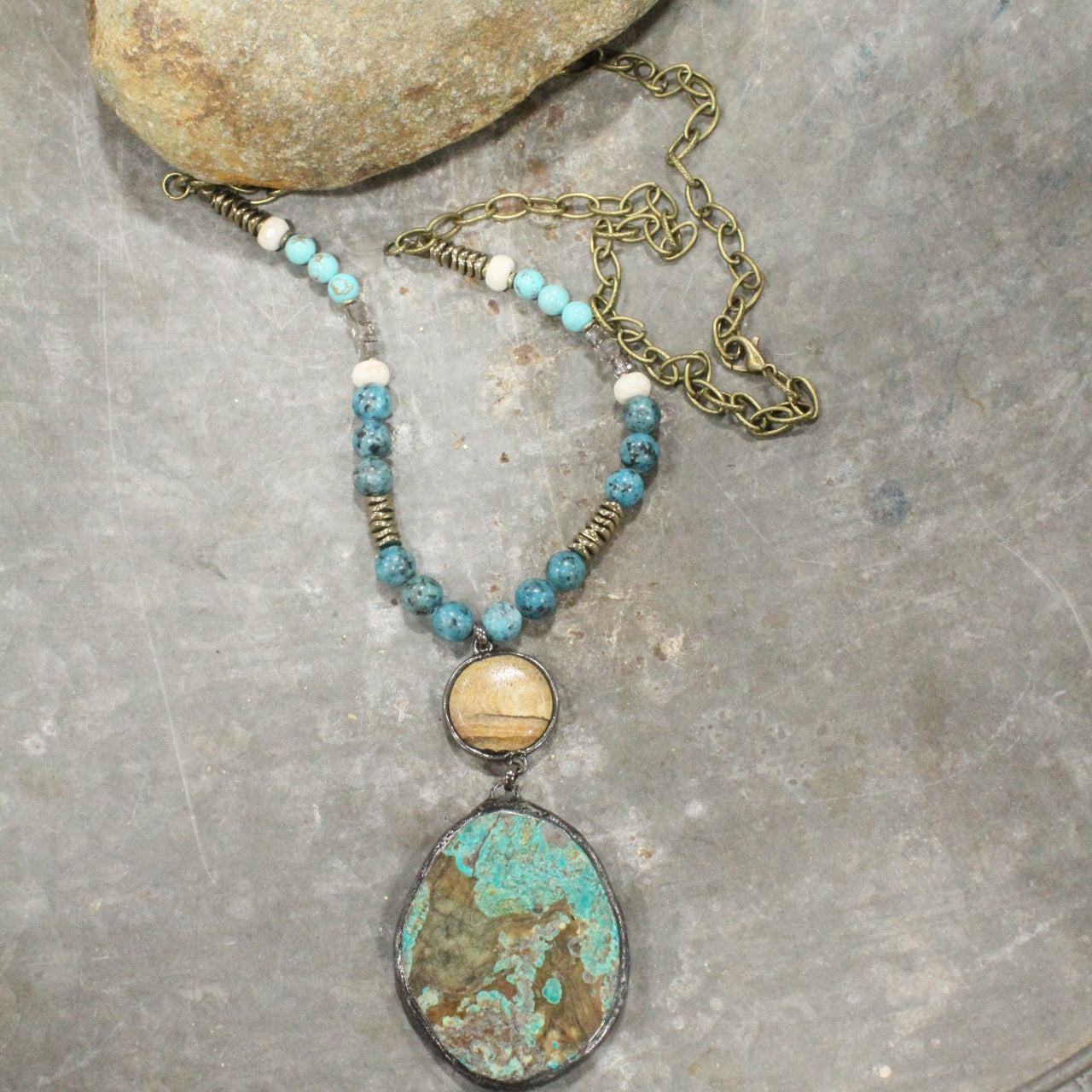 Jade & Jasper Stone Drop Bronze Necklace