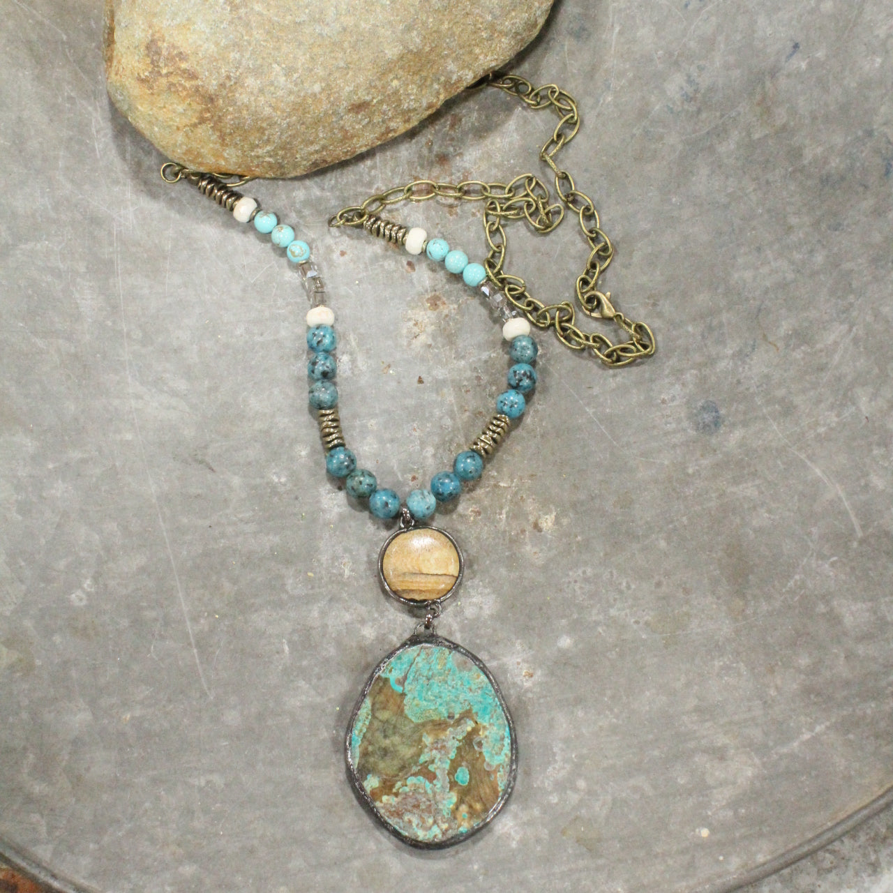 Jade & Jasper Stone Drop Bronze Necklace