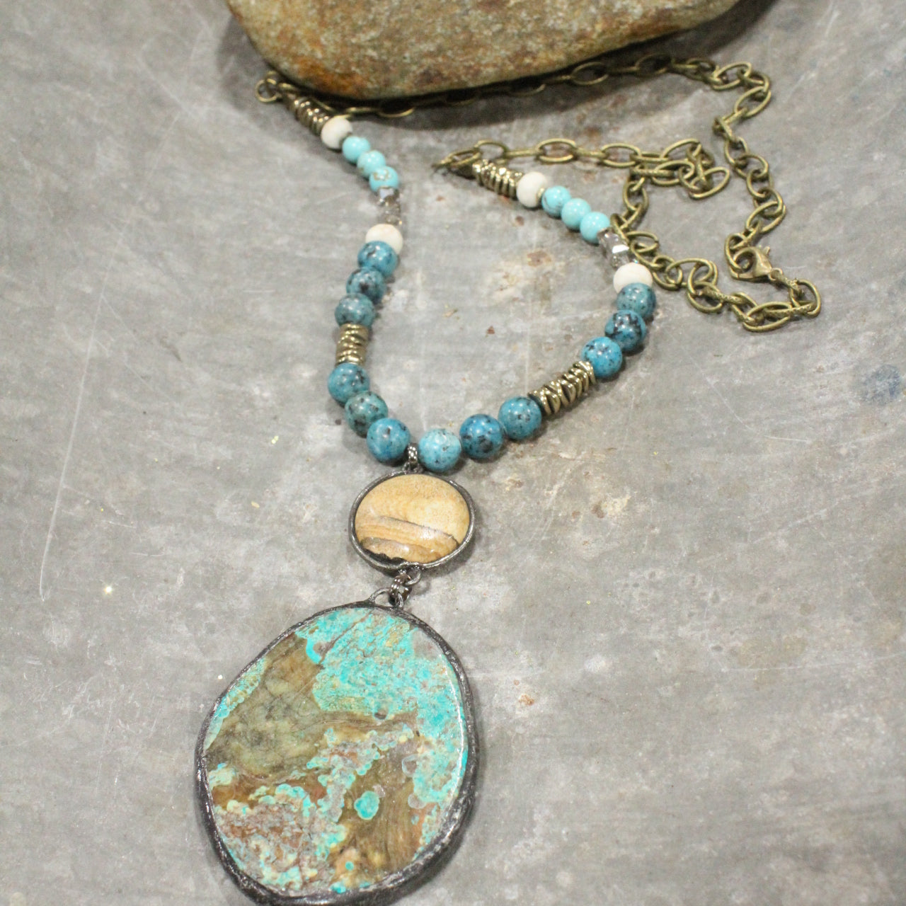 Jade & Jasper Stone Drop Bronze Necklace