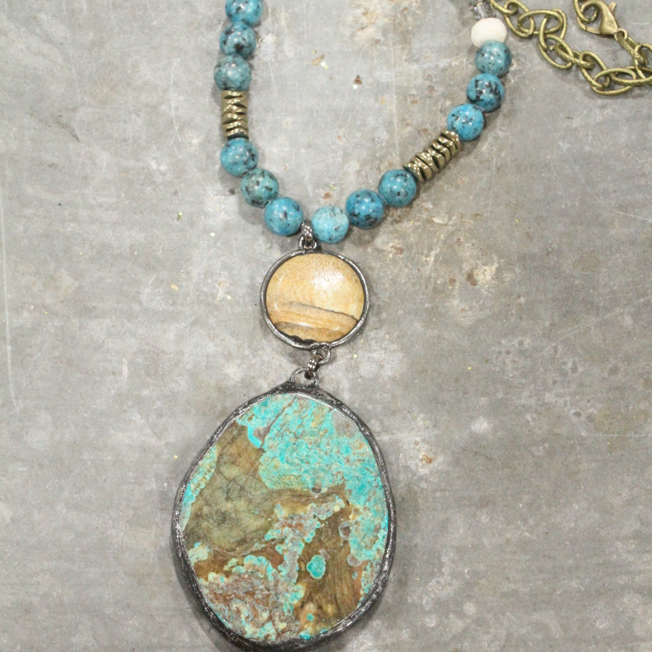 Jade & Jasper Stone Drop Bronze Necklace