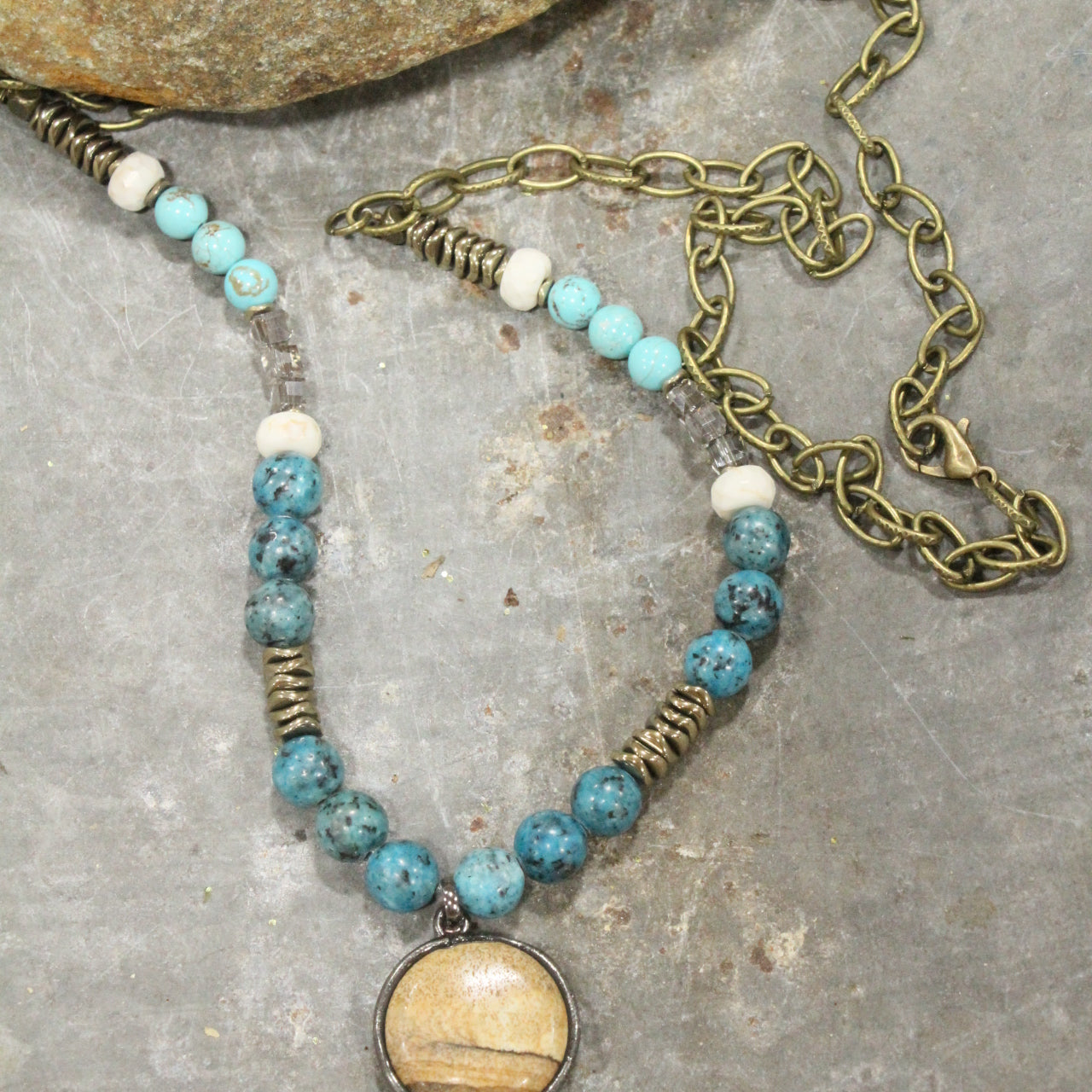 Jade & Jasper Stone Drop Bronze Necklace