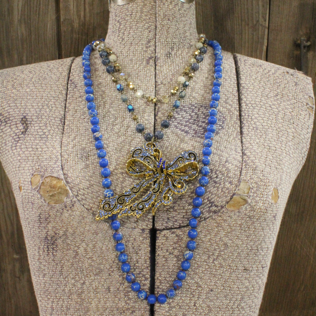 Bow Tie Blue Stone Layered Necklace