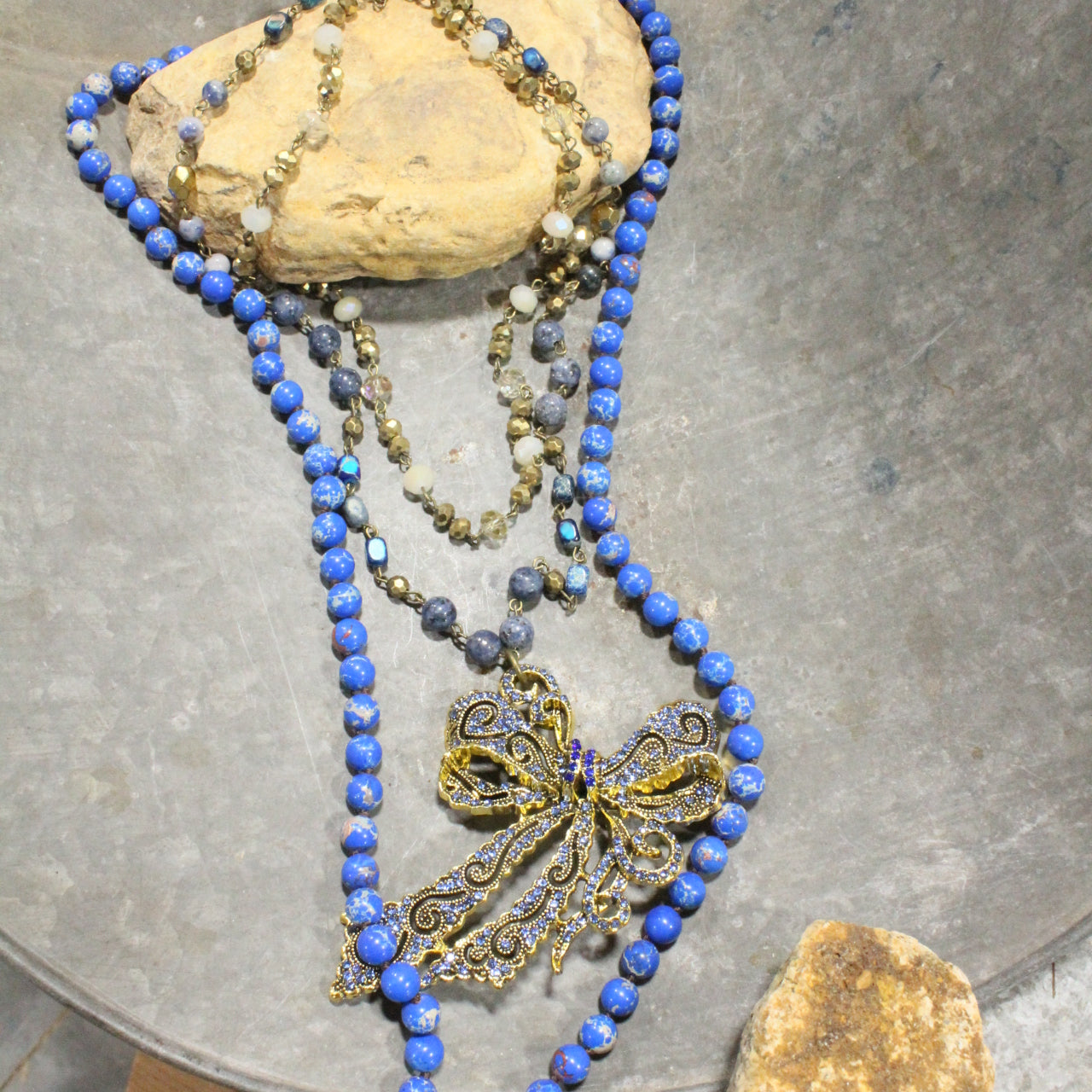 Bow Tie Blue Stone Layered Necklace