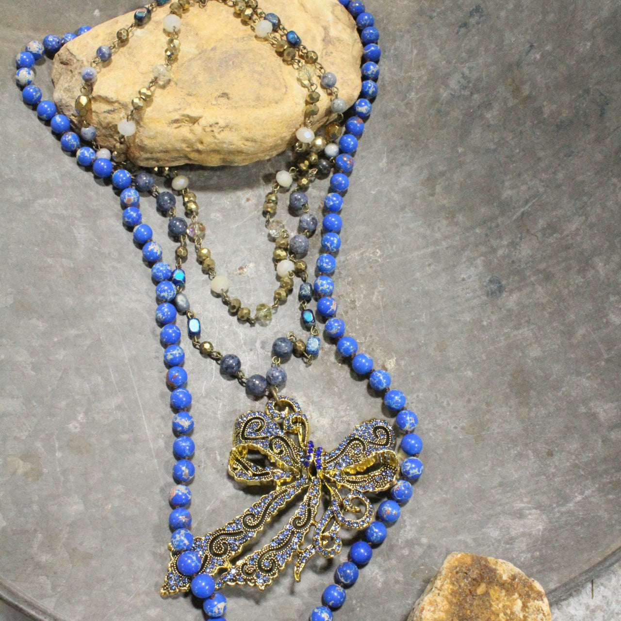 Bow Tie Blue Stone Layered Necklace