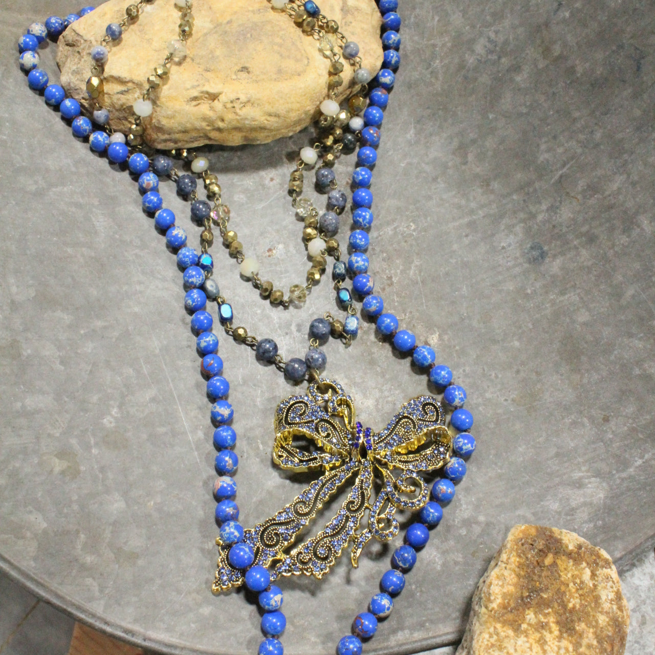 Bow Tie Blue Stone Layered Necklace