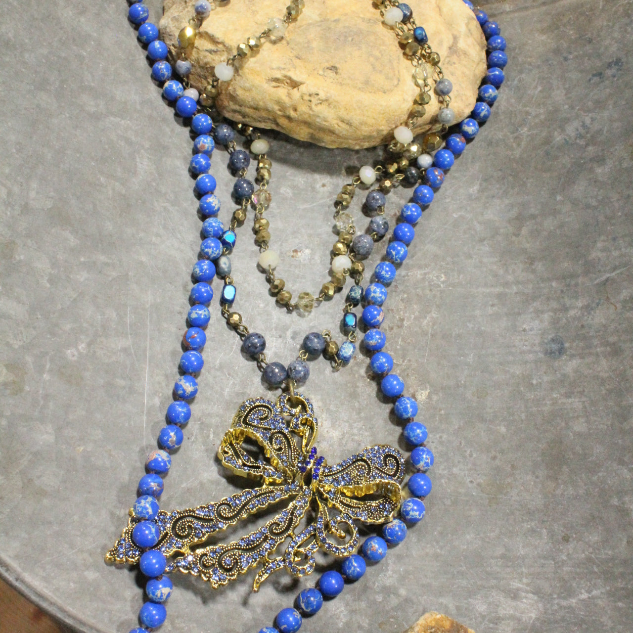 Bow Tie Blue Stone Layered Necklace