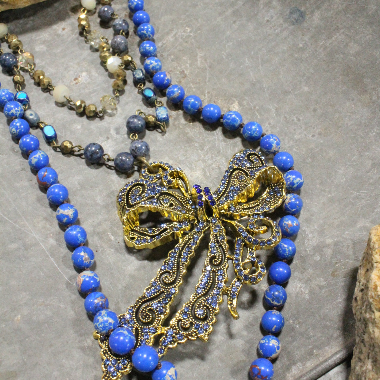 Bow Tie Blue Stone Layered Necklace