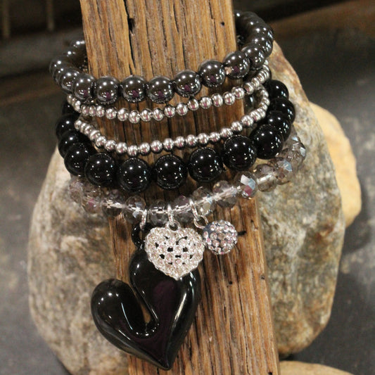 Back In Black Heart Stretch Bracelet Set