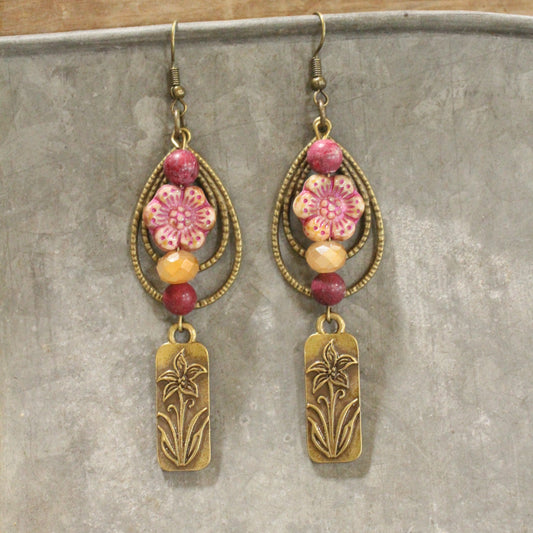 Raspberry Parfait Flower Dangle Earrings