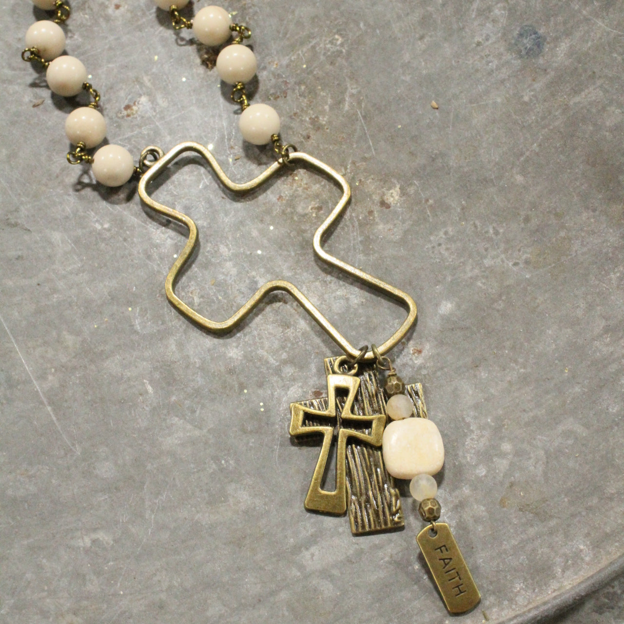 Stone & Bronze Cross Pendant Drop Faith Charm Necklace