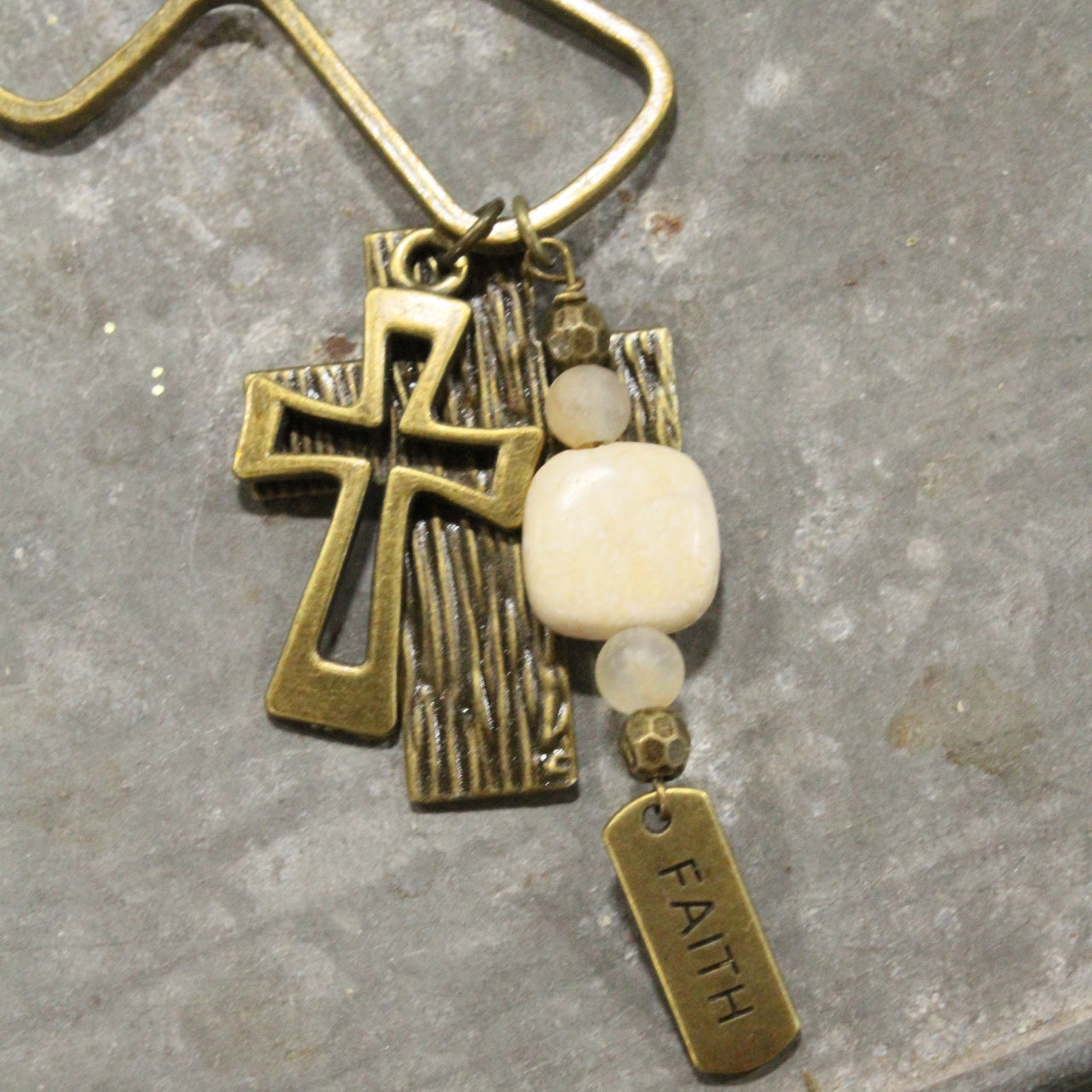 Stone & Bronze Cross Pendant Drop Faith Charm Necklace