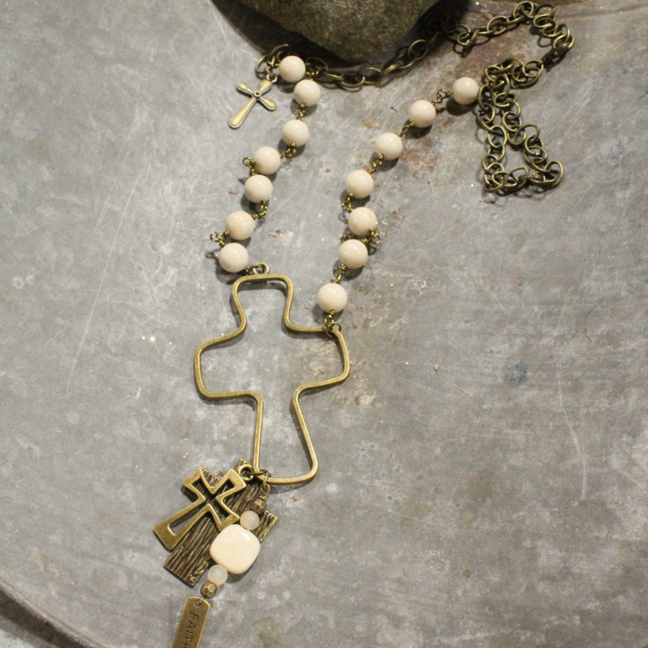 Stone & Bronze Cross Pendant Drop Faith Charm Necklace