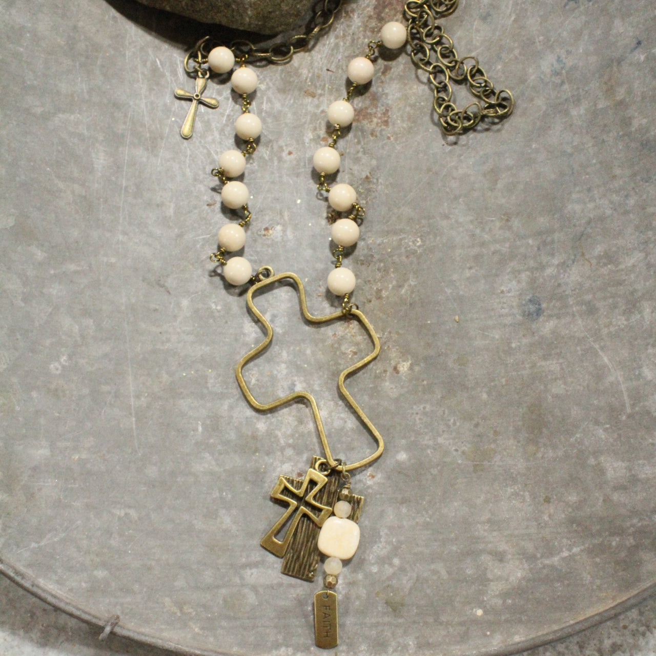 Stone & Bronze Cross Pendant Drop Faith Charm Necklace