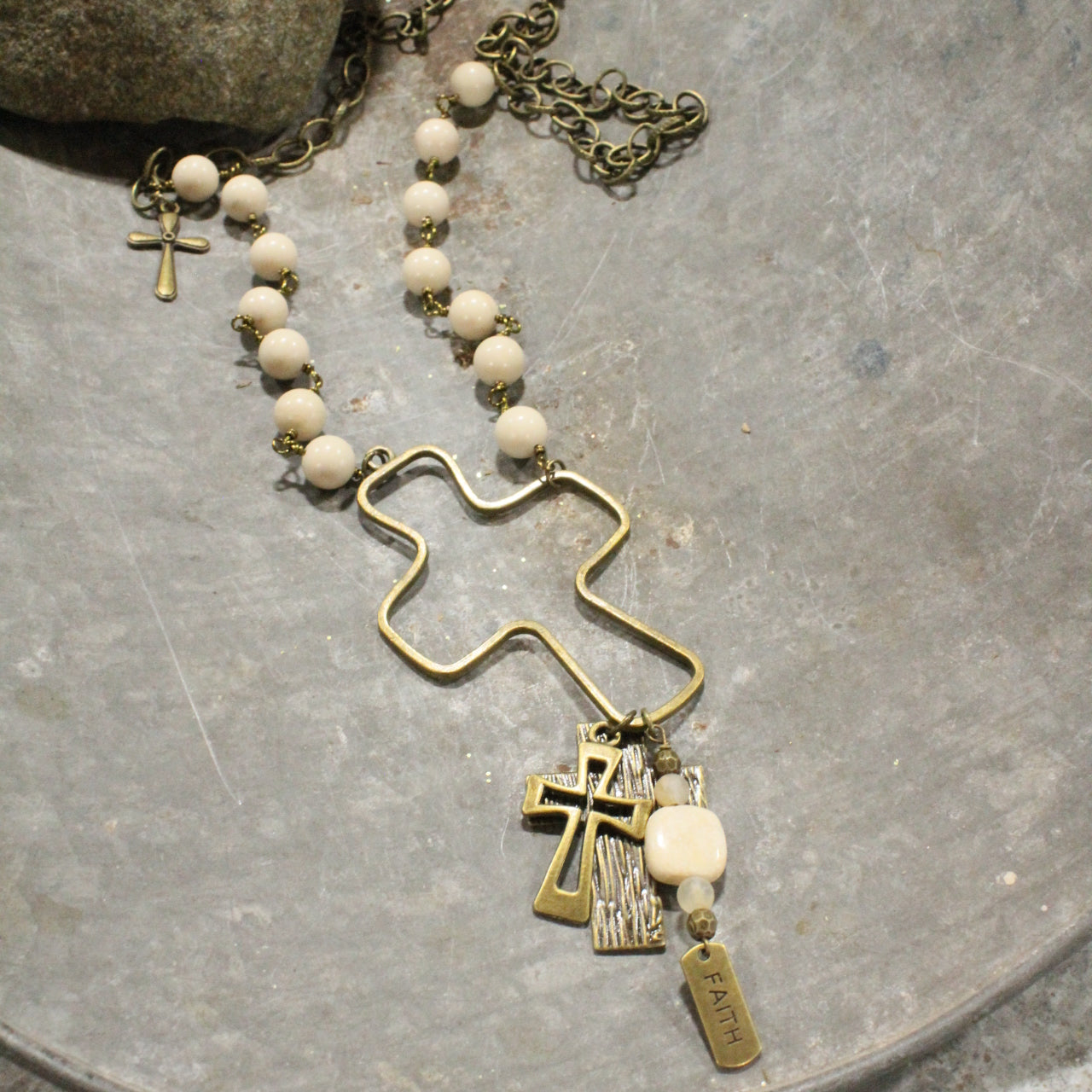 Stone & Bronze Cross Pendant Drop Faith Charm Necklace