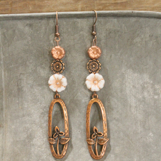 Three Times The Charm Copper Flower Dangle Earrings