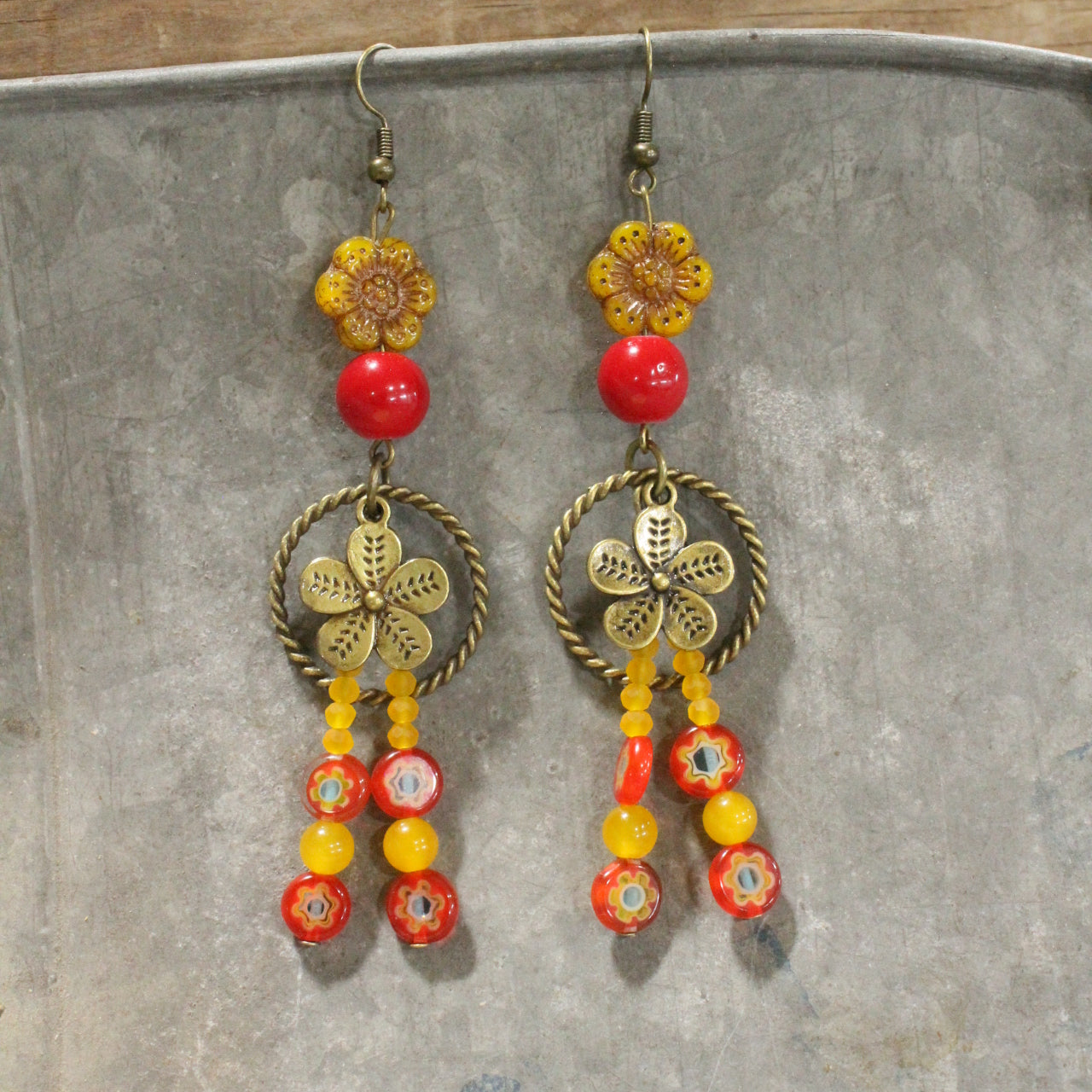 Pick A Posey Red Flower Dangle Earrings