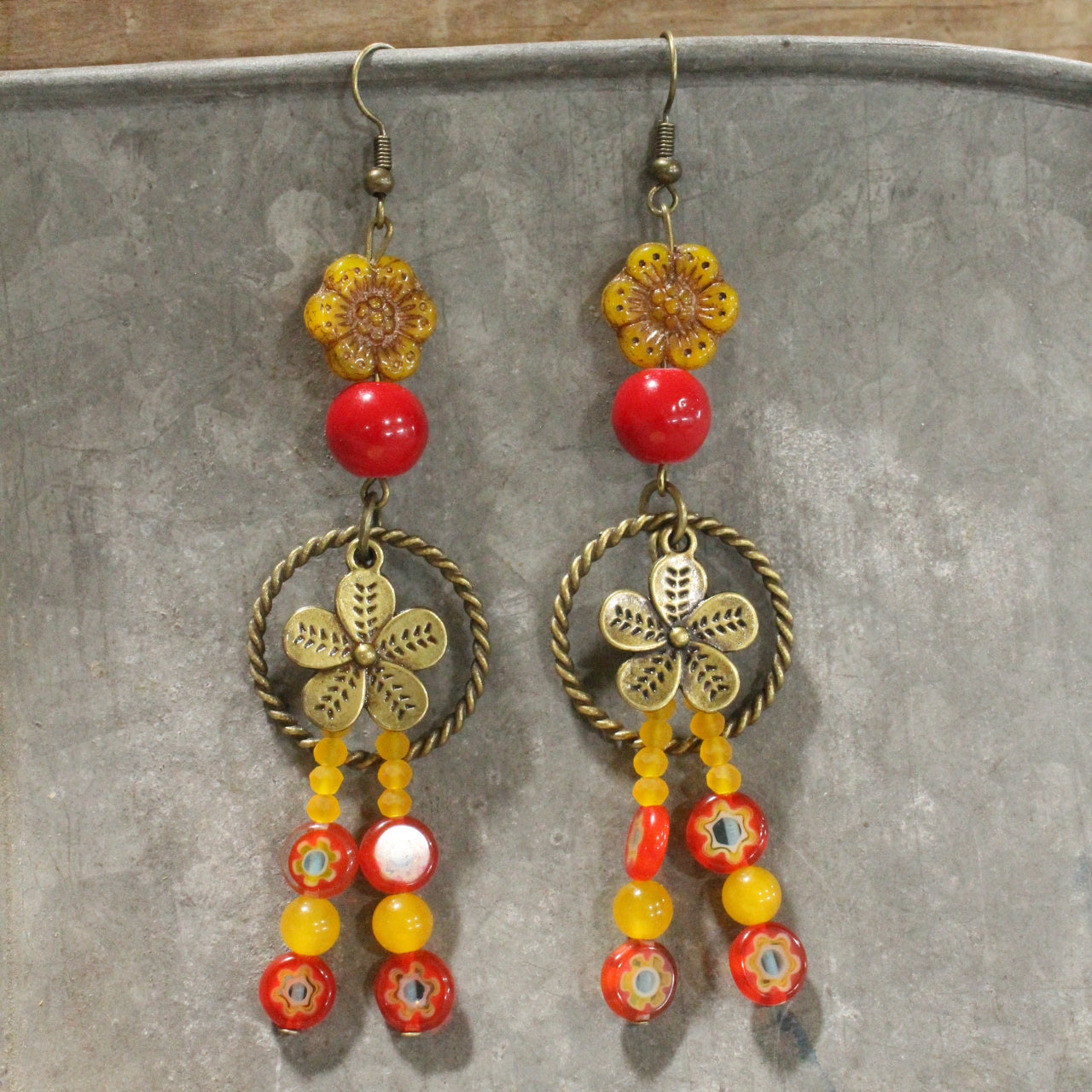 Pick A Posey Red Flower Dangle Earrings