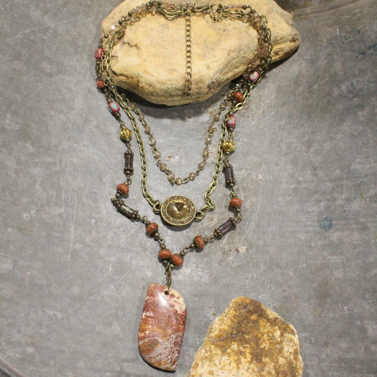 Charming Bohemian Rusty Stone Layered Necklace