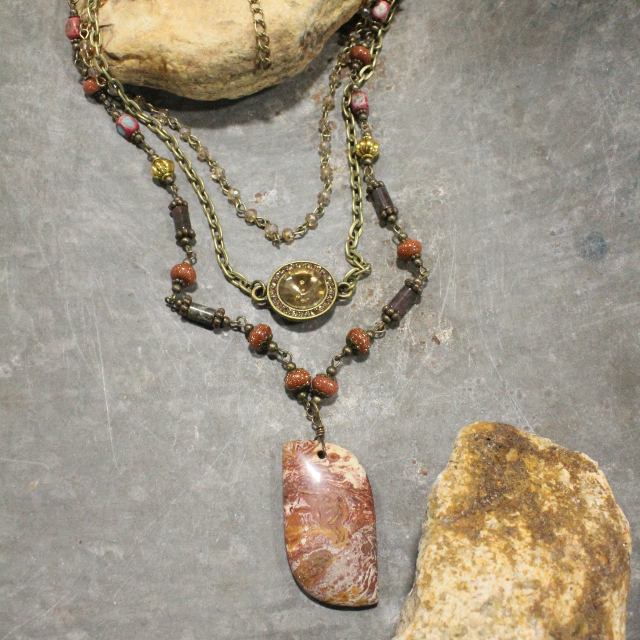 Charming Bohemian Rusty Stone Layered Necklace