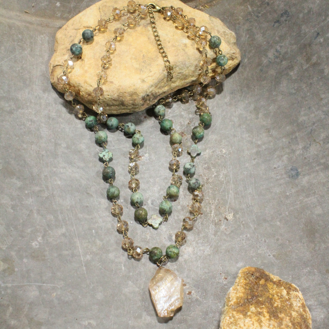 Charming Bohemian Green Stone Layered Necklace