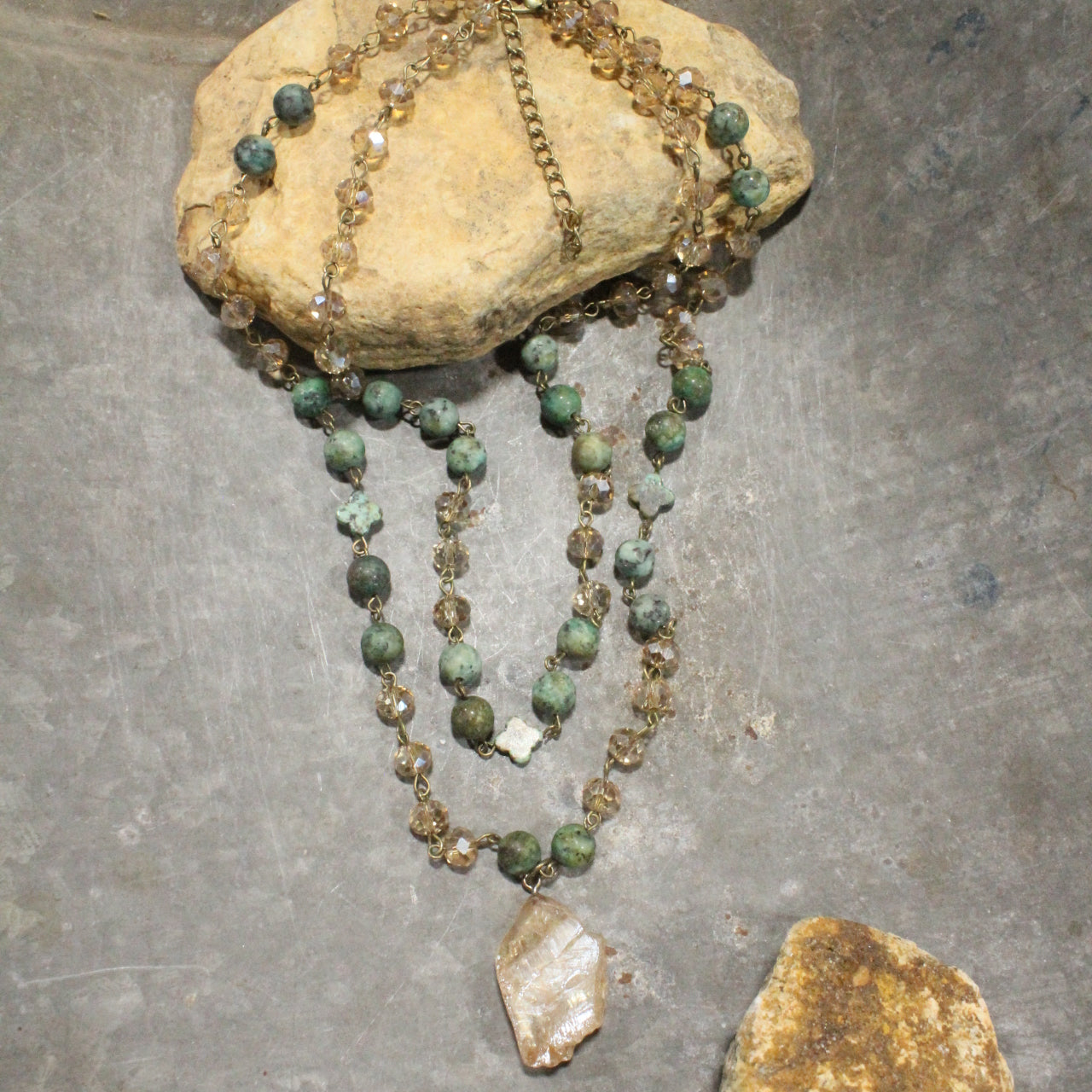 Charming Bohemian Green Stone Layered Necklace