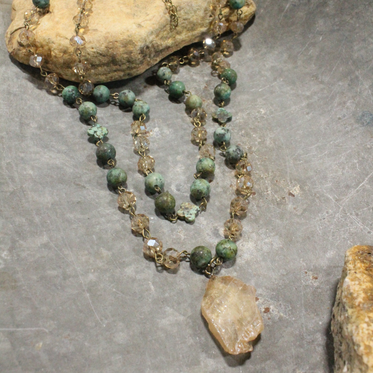 Charming Bohemian Green Stone Layered Necklace
