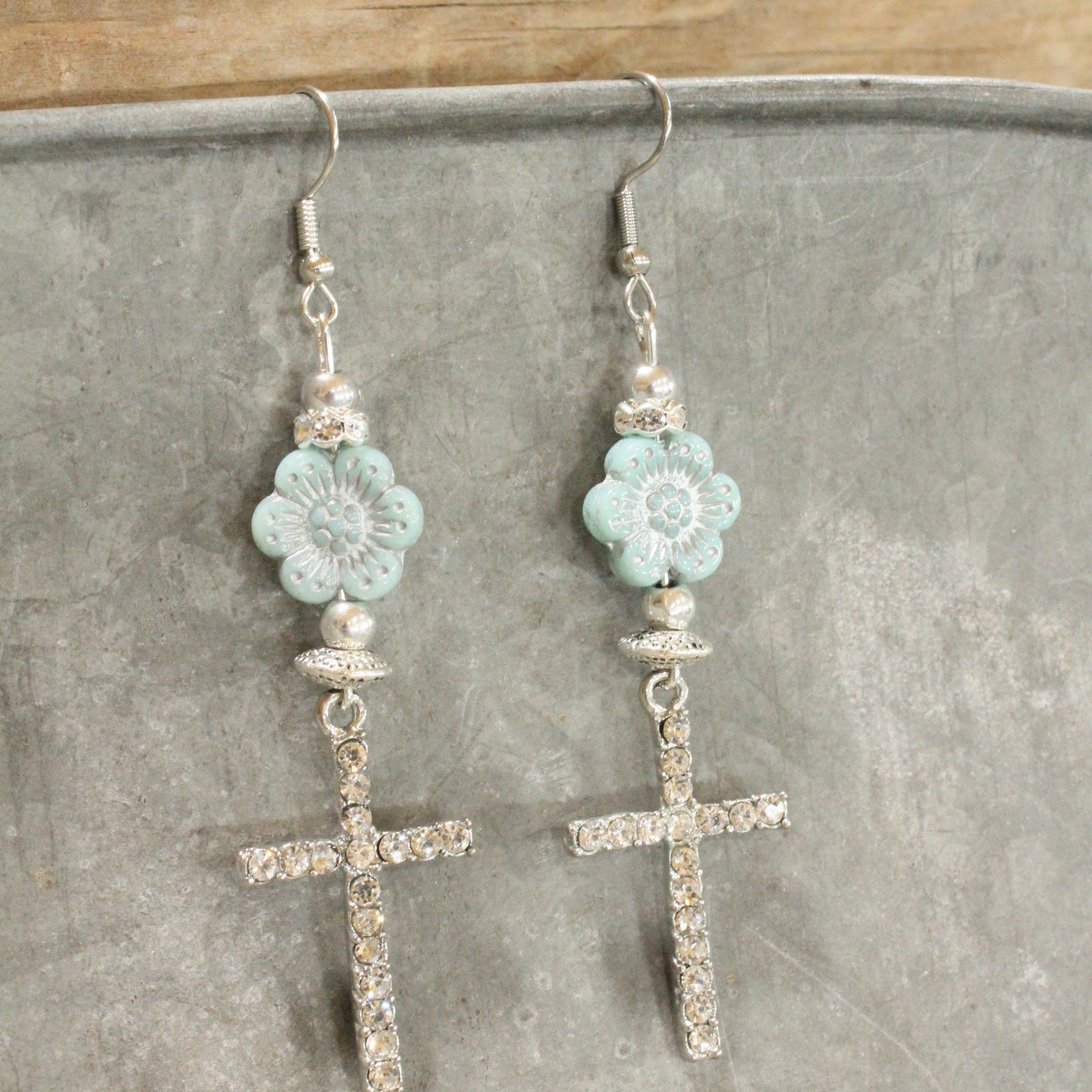 Powder Blue Flower & Cross Dangle Earrings