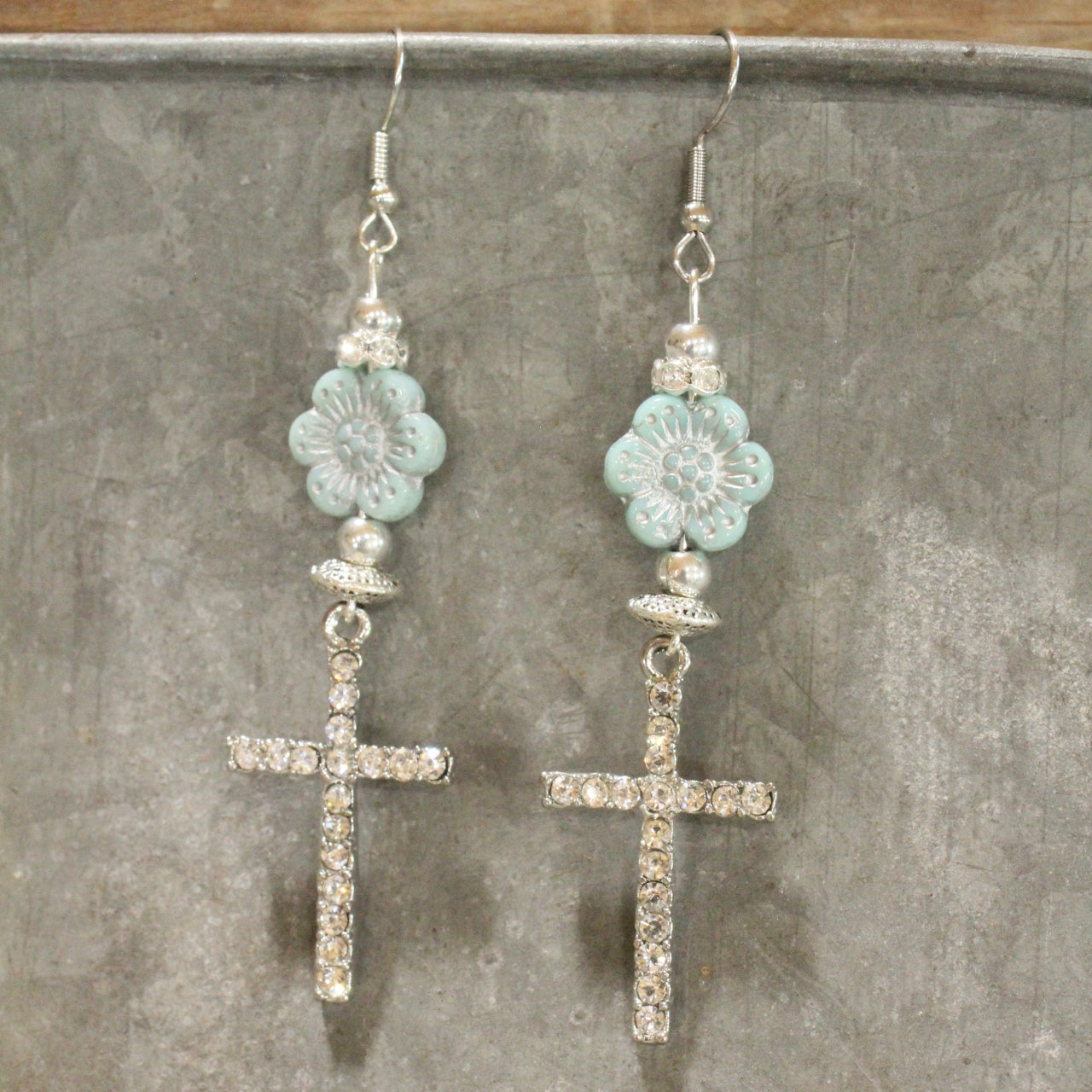 Powder Blue Flower & Cross Dangle Earrings