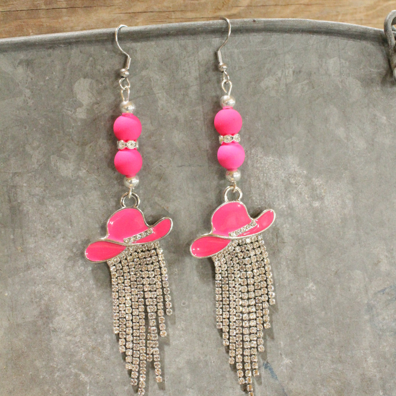 Hang My Hat Pink Bling Dangle Earrings