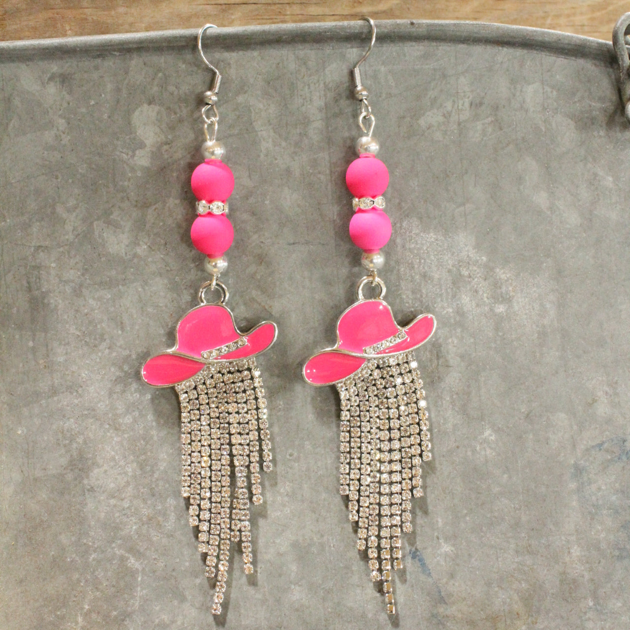 Hang My Hat Pink Bling Dangle Earrings
