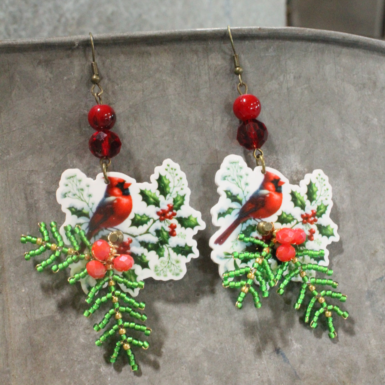 Cardinals In The Berries Dangle Earrings