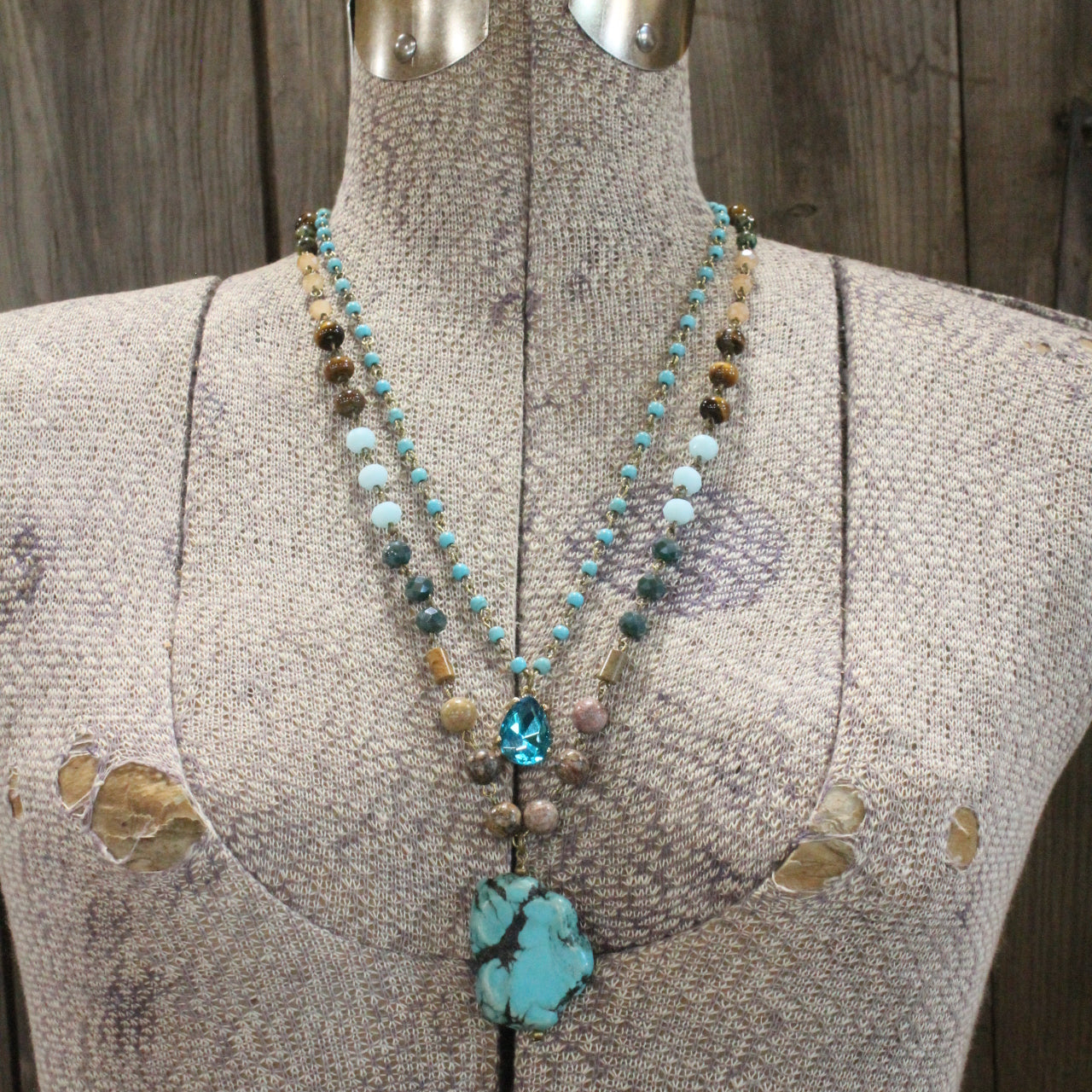 Bohemian Crystal & Turquoise Stone Drop Layered Necklace