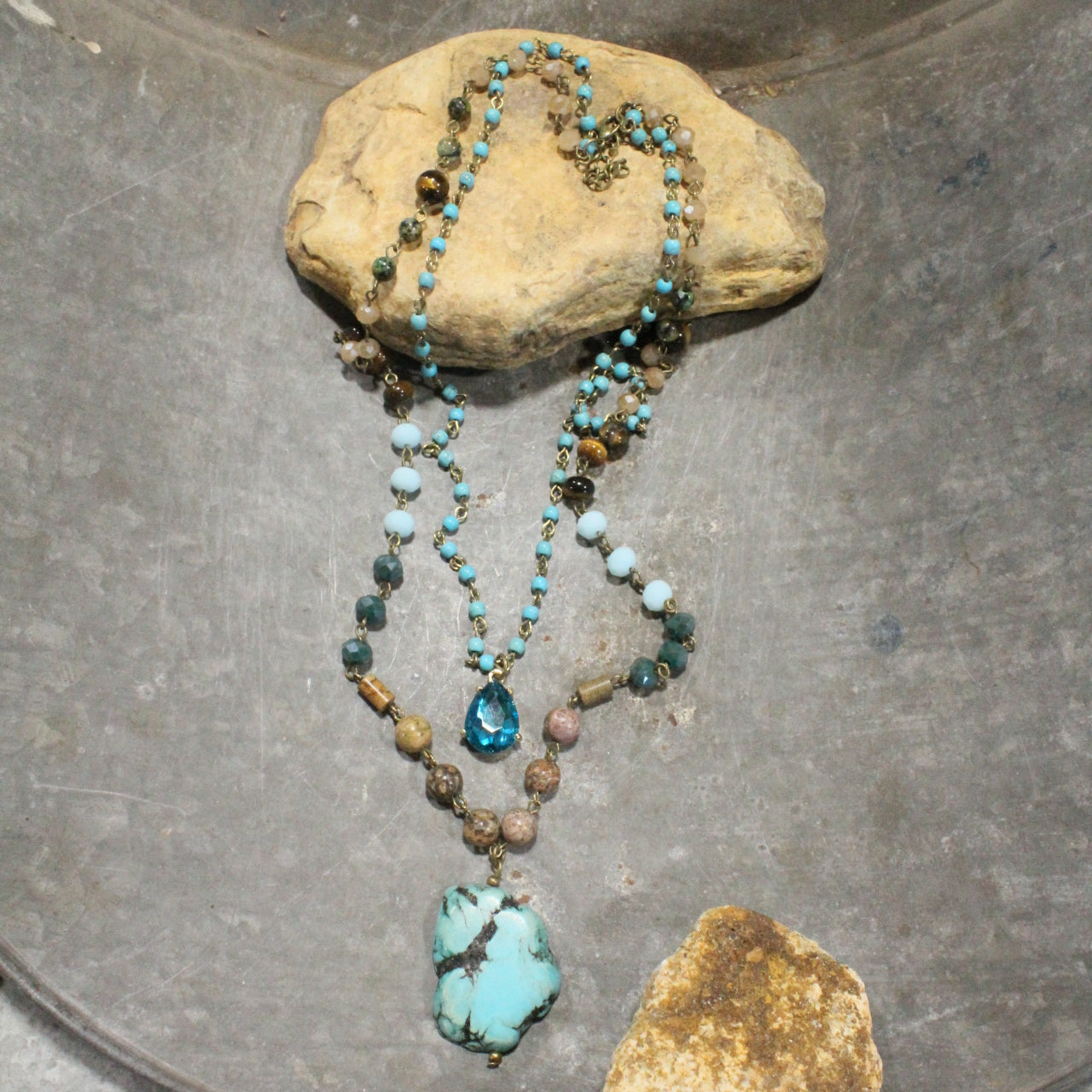 Bohemian Crystal & Turquoise Stone Drop Layered Necklace