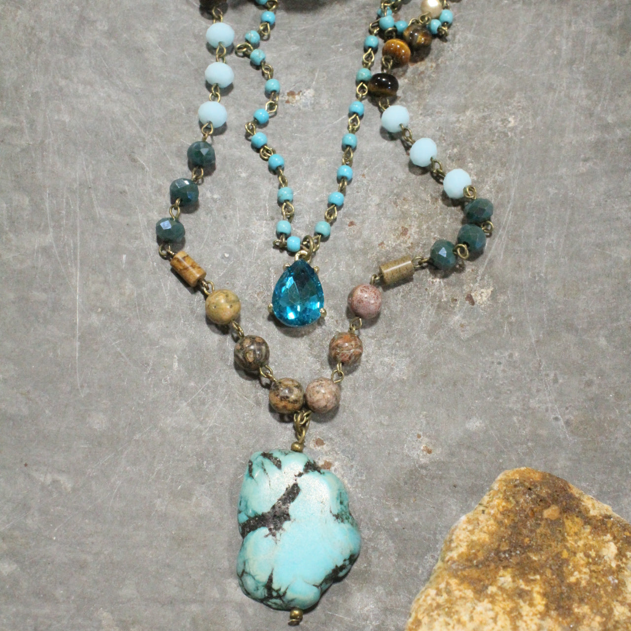Bohemian Crystal & Turquoise Stone Drop Layered Necklace