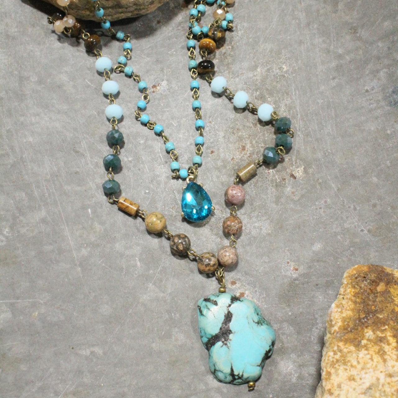Bohemian Crystal & Turquoise Stone Drop Layered Necklace