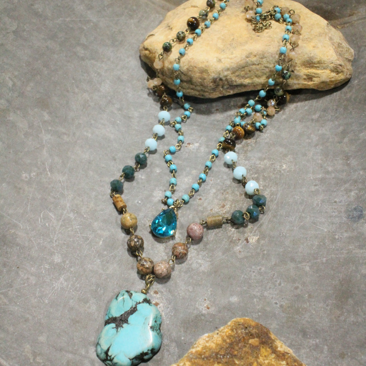 Bohemian Crystal & Turquoise Stone Drop Layered Necklace