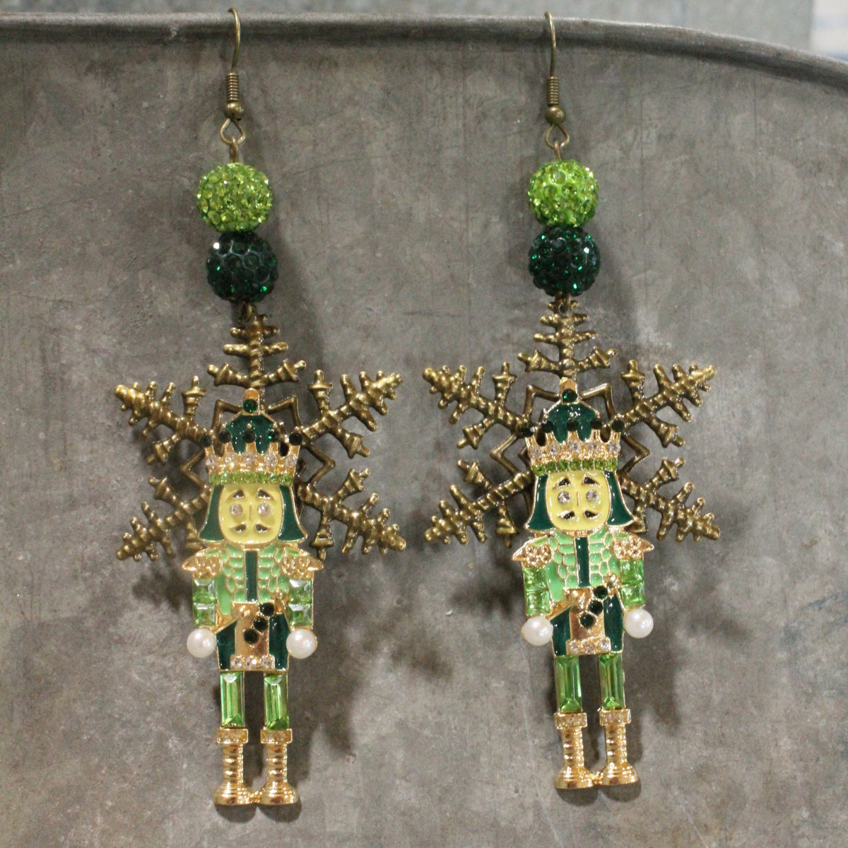 Snowflake Green Nutcracker Dangle Earrings