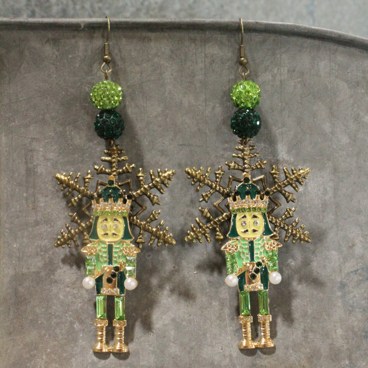 Snowflake Green Nutcracker Dangle Earrings