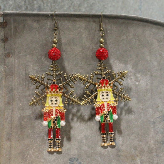 Snowflake Red Nutcracker Dangle Earrings