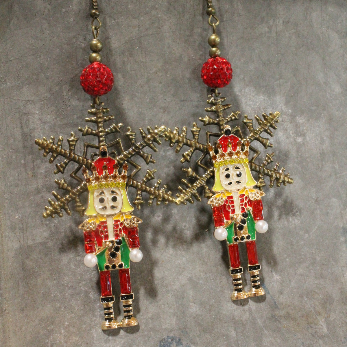 Snowflake Red Nutcracker Dangle Earrings