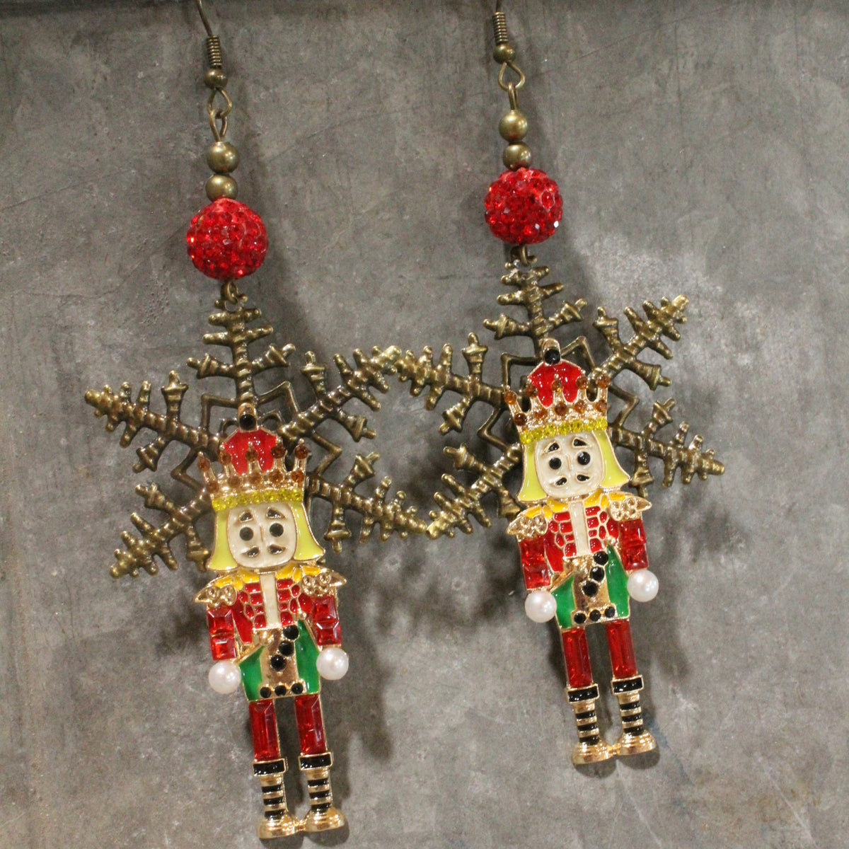 Snowflake Red Nutcracker Dangle Earrings