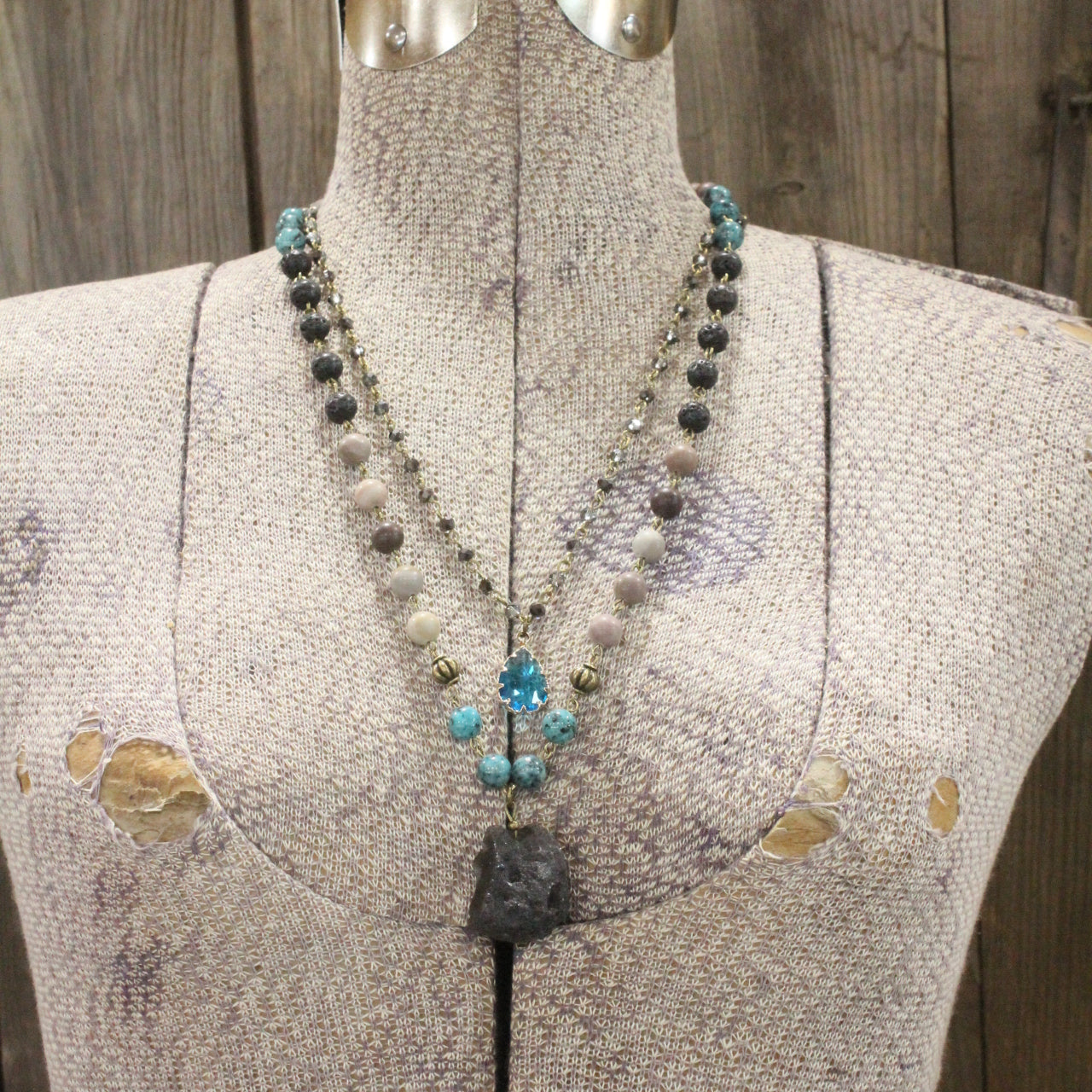 Bohemian Crystal & Black Tourmaline Stone Drop Layered Necklace