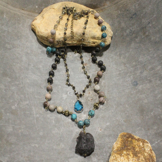 Bohemian Crystal & Black Tourmaline Stone Drop Layered Necklace