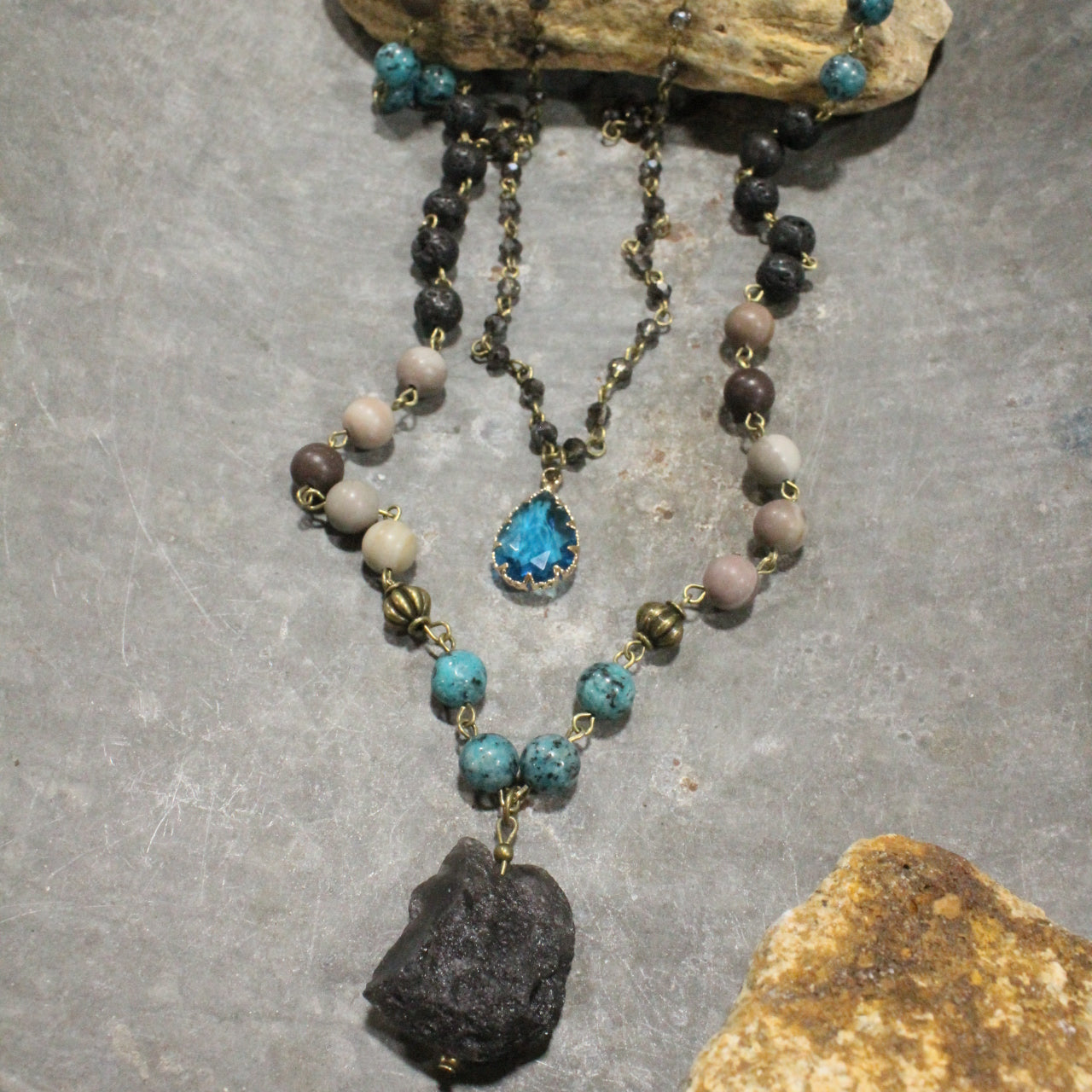 Bohemian Crystal & Black Tourmaline Stone Drop Layered Necklace